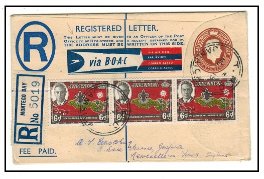 JAMAICA - 1940 4d + 2d brown RPSE (size F) uprated to UK at T.P.O./JAMAICA.  H&G 8.