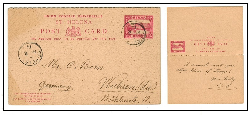 ST.HELENA - 1896 1d+1d carmine PSRC with outward section to Germany.  H&G 2.