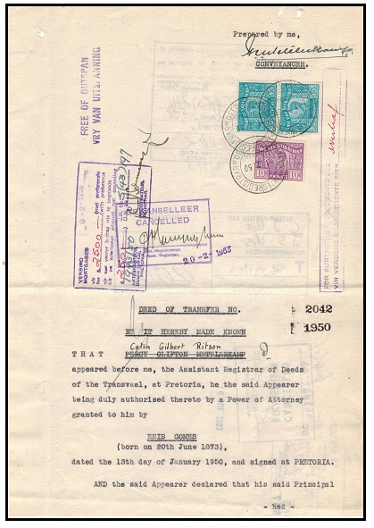 SOUTH AFRICA - 1950 use of 10/- + £5 (x2) REVENUES on 