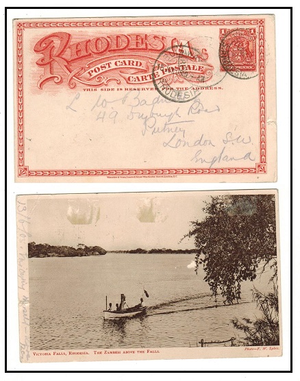 RHODESIA - 1899 1d brick red illustrated PSC to UK used at VICTORIA FALLS.  H&G 11a.