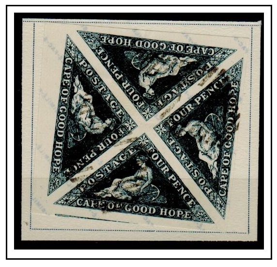 CAPE OF GOOD HOPE - 1855 4d FOURNIER FORGERY block of four with bogus cancel.