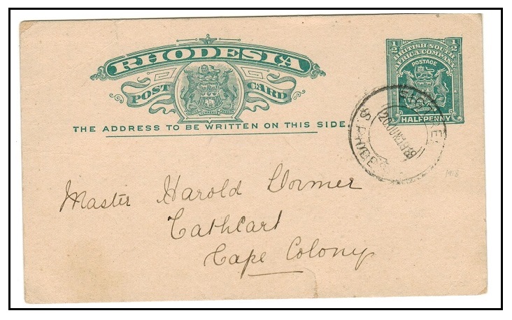 RHODESIA - 1903 1/2d green PSC to Cape used at FIGTREE.  H&G 13.