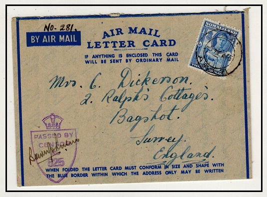SOMALILAND - 1945 3a use of FORMULA type AIR LETTER censored to UK used at APO 71.