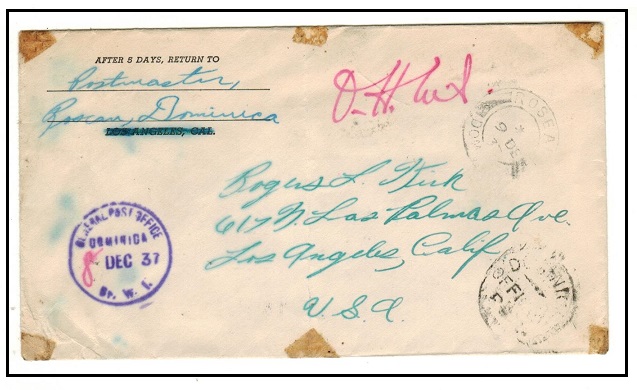 DOMINICA - 1937 OHMS cover to USA cancelled DOMINICA/OFFICIAL/PAID.