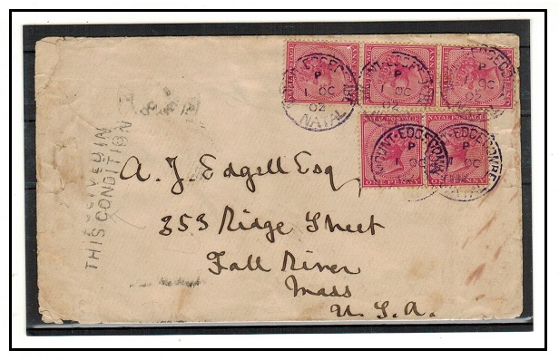 NATAL - 1902 5d rate cover to USA used at MOUNT EDGECOMBE and struck in violet ink.
