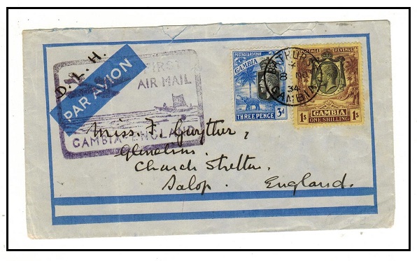 GAMBIA - 1934 1/3d rate FIRST FLIGHT COVER to UK by the Dutch DLH airline.