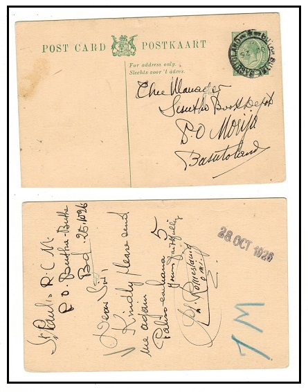 BASUTOLAND - 1926 1/2d green PSC of South Africa used at BUTHA BUTHE in Basutoland.  H&G 4.