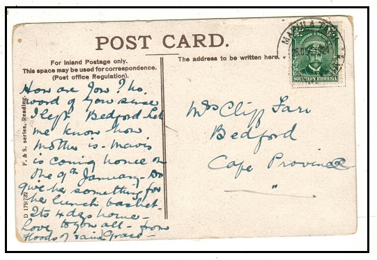 SOUTHERN RHODESIA - 1924 1/2d rate postcard use to Cape used at MARULA TANK.