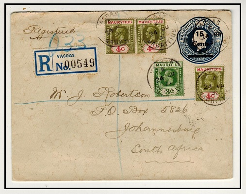 MAURITIUS - 1925 15c on 20c uprated PSE registered to South Africa used at VACOAS.  H&G 38.