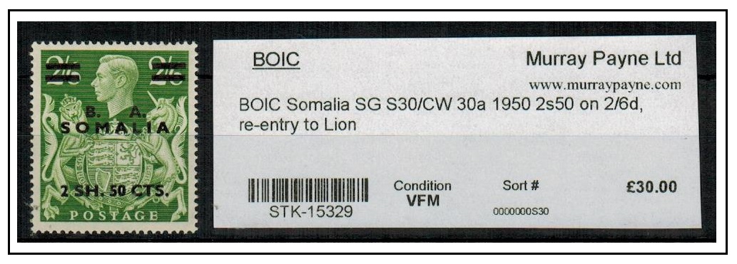 B.O.F.I.C. (Somalia) - 1950 2sh50c 0n 2/6d U/M with RE-ENTRY TO LION.  SG S30.