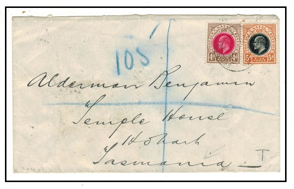 NATAL - 1903 9d rate registered cover to Tasmania.