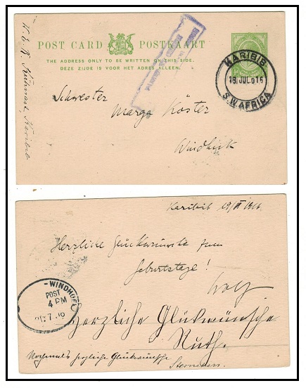 SOUTH WEST AFRICA - 1916 use of censored 1/2d green PSC of South Africa used at KARIBIB.
