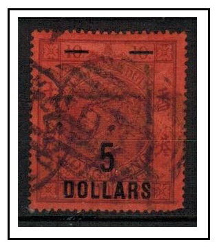 HONG KONG - 1891 $5 on $10 purple-red on red used postal fiscal.  SG F9.