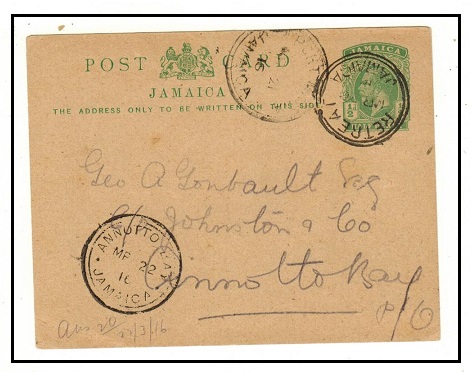 JAMAICA - 1912 1/2d green PSC addressed locally used at RETREAT.  H&G 25.