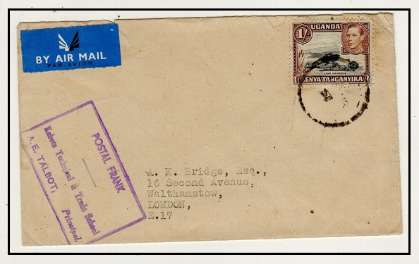 K.U.T. - 1951 1/- rate cover to UK with additional POSTAL FRANK h/s used at Kabete.