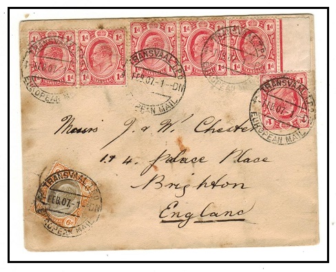 TRANSVAAL - 1907 1/- rate cover to UK used on TRANSVAAL TPO/DN/EUROPEAN MAIL.
