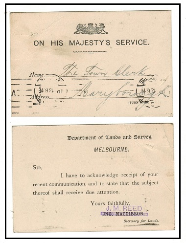AUSTRALIA - 1917 O.H.M.S. postcard for use by Victorian Railways used at MELBOURNE.
