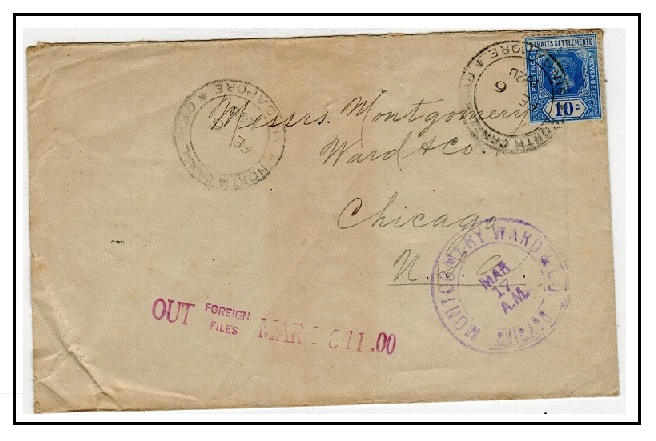 SINGAPORE - 1920 10c rate cover to USA used at NORTH CANAL ROAD/SINGAPORE.