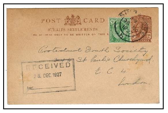 SINGAPORE - 1922 2c brown PSC of Straits uprated with 2c to UK used at SINGAPORE.  H&G 31.