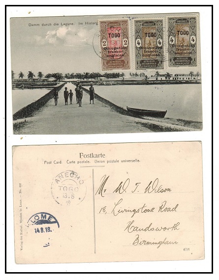 TOGO - 1918 10c rate postcard use to UK used at ANECHO.