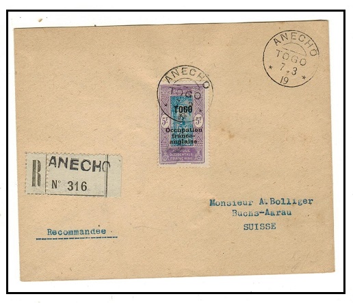 TOGO - 1919 5f rate registered cover to Switzerland used at ANECHO.