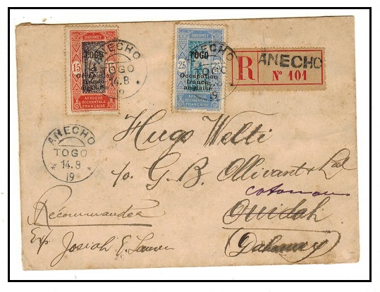 TOGO - 1919 40c rate registered cover to Dahomey used at ANECHO.