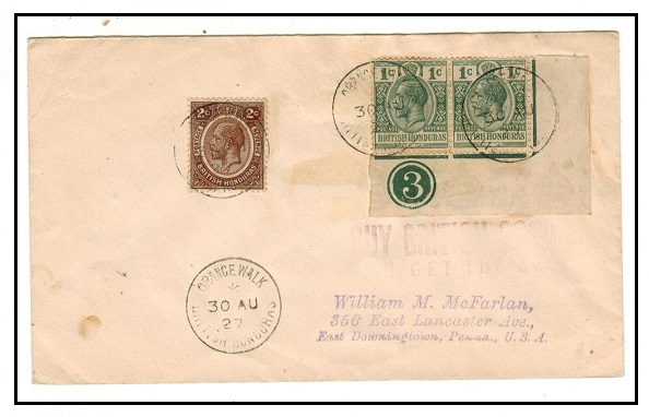BRITISH HONDURAS - 1927 4c rate cover to USA used at ORANGE WALK.