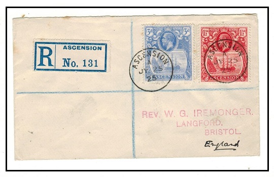 ASCENSION - 1925 4 1/2d rate registered cover to UK.