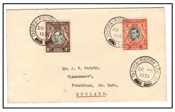 K.U.T. - 1951 21c rate cover to UK used at TABORA-KIGOMA TPO UP.