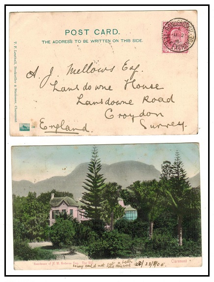 CAPE OF GOOD HOPE - 1905 1d rate postcard use to UK used at RONDERBOSCH/TELE EXCHANGE.