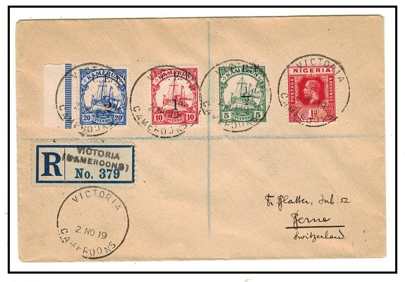 CAMEROONS - 1919 registered cover to Switzerland used at VICTORIA with Nigeria/Yacht combination.