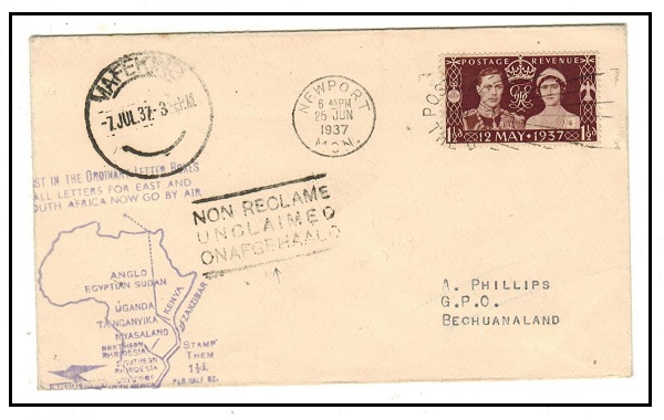BECHUANALAND - 1937 incoming Imperial Airways 1 1/2d rate flight cover struck 
