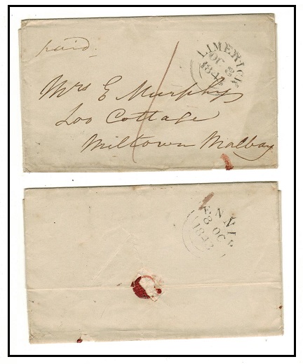 IRELAND - 1843 stampless outer wrapper to Milton Malbay cancelled by double arc LIMERICK h/s.