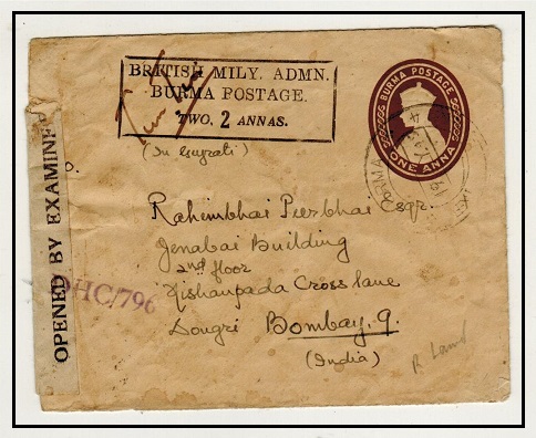 BURMA - 1945 1a brown Indian PSE to India with BRITISH MILY.ADMN/BURMA POSTAGE/TWO 2 ANNAS h/s.