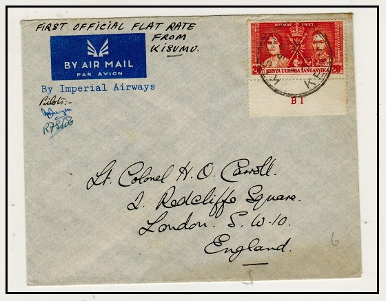 K.U.T. - 1937 pilot signed first flight cover to UK by Imperial Airways.