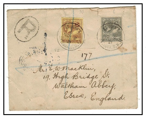 ANTIGUA - 1921 5d rate registered cover to UK used at ST.JOHN