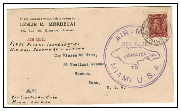 JAMAICA - 1930 first flight cover to USA.