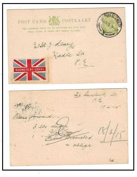 SOUTH AFRICA - 1915 use of 1/2d green PSC from with scarce BUSINESS AS USUAL patriotic label.