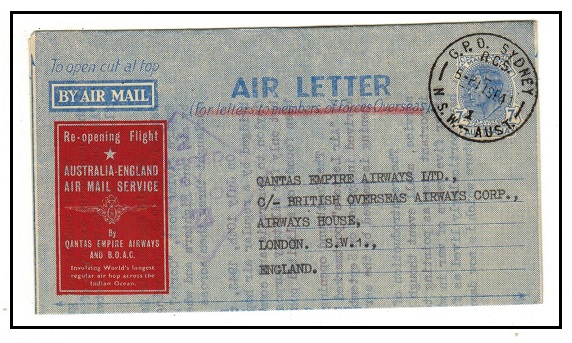 AUSTRALIA - 1944 7d blue air letter used on Qantas first flight to UK.
