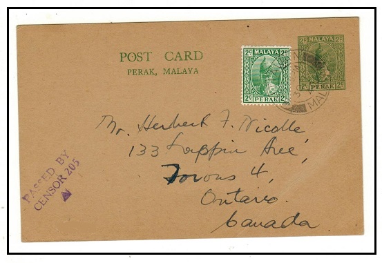 MALAYA - 1938 2c green PSC uprated and censored to Canada used at SITIAWAN.  H&G 9.