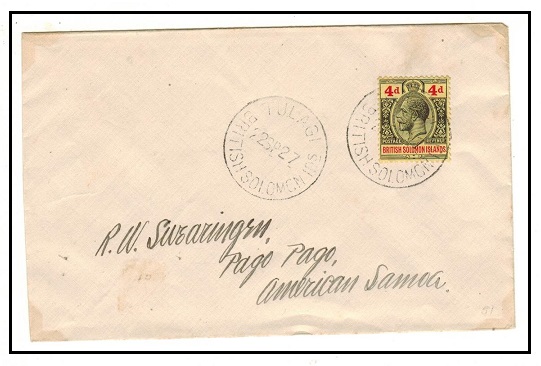 SOLOMON ISLANDS - 1927 4d rate cover to Samoa used at TULAGI.