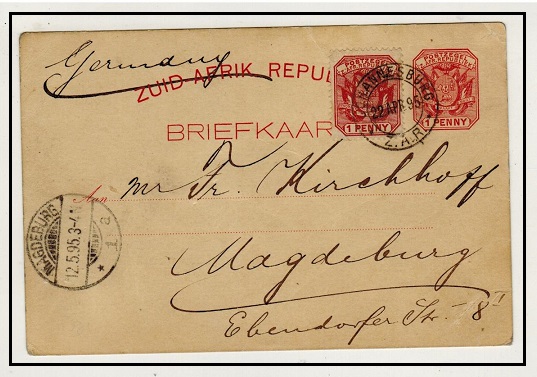 TRANSVAAL - 1894 1d rose carmine PSC uprated to Germany used at JOHANNESBURG.  H&G 2.