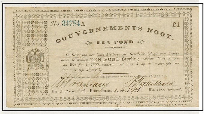 TRANSVAAL - 1900 £1 black on white (Pietersburg) banknote.