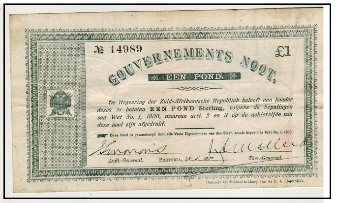 TRANSVAAL - 1900 £1 bluish grey on white (Pretoria) banknote.