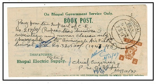 INDIA (Bhopal) - 1947 ON BHOPAL GOVERNMENT SERVICE Electric leaflet bearing 9p SERVICE adhesive.