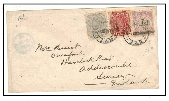 TRANSVAAL - 1895 2 1/2d rate cover to UK used at JOHANNESBURG with 1d on 2 1/2d surcharge.
