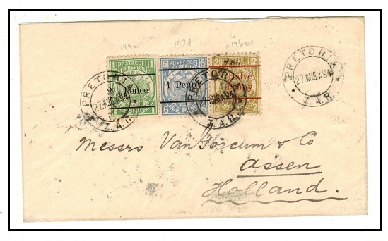 TRANSVAAL - 1894 multi franked surcharge cover to Holland used at PRETORIA.