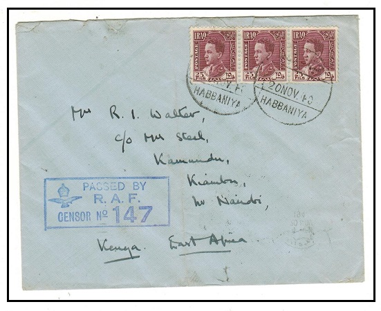 IRAQ - 1940 75f rate RAF censored cover to Kenya used at HABBANIYA.