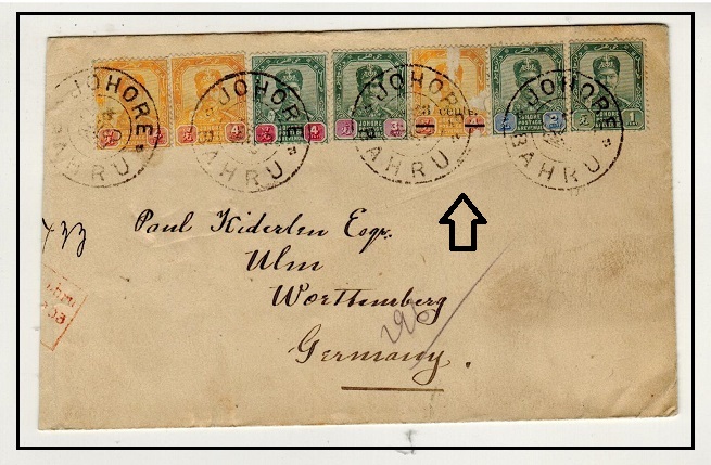 MALAYA - 1903 multi franked cover to Germany with 3c on 4c surcharge issue.