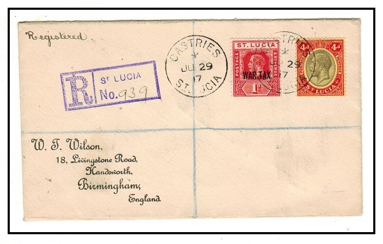 ST.LUCIA - 1917 4d rate registered cover to UK with 1d 